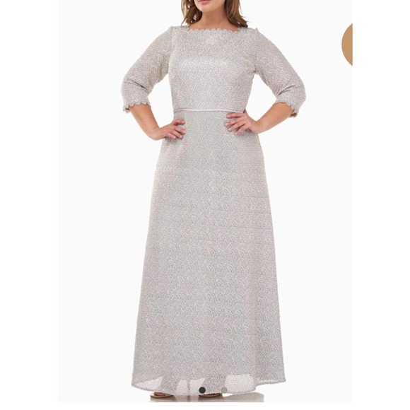 NWT JS Collections Metallic Scalloped Evening Dress maxi Long Sleeves Size 8 - Picture 3 of 9